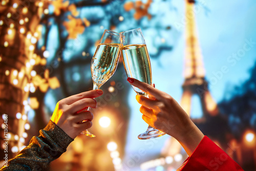 Female hands clinking champagne glasses over beautiful view of France poplar landmark. Celebrating birthday. Travel agency ad for exclusive Paris tours. Concept of holidays, celebration