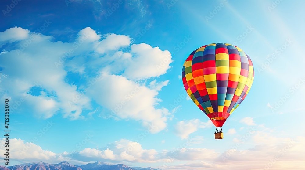 Colorful, hot air balloon, floating, clear blue sky, serene, graceful, aerial adventure, vibrant, peaceful. Generated by AI. Colorful, hot air balloon, floating, clear blue sky, serene, graceful, aerial adventure, vibrant, peaceful. Generated by AI.