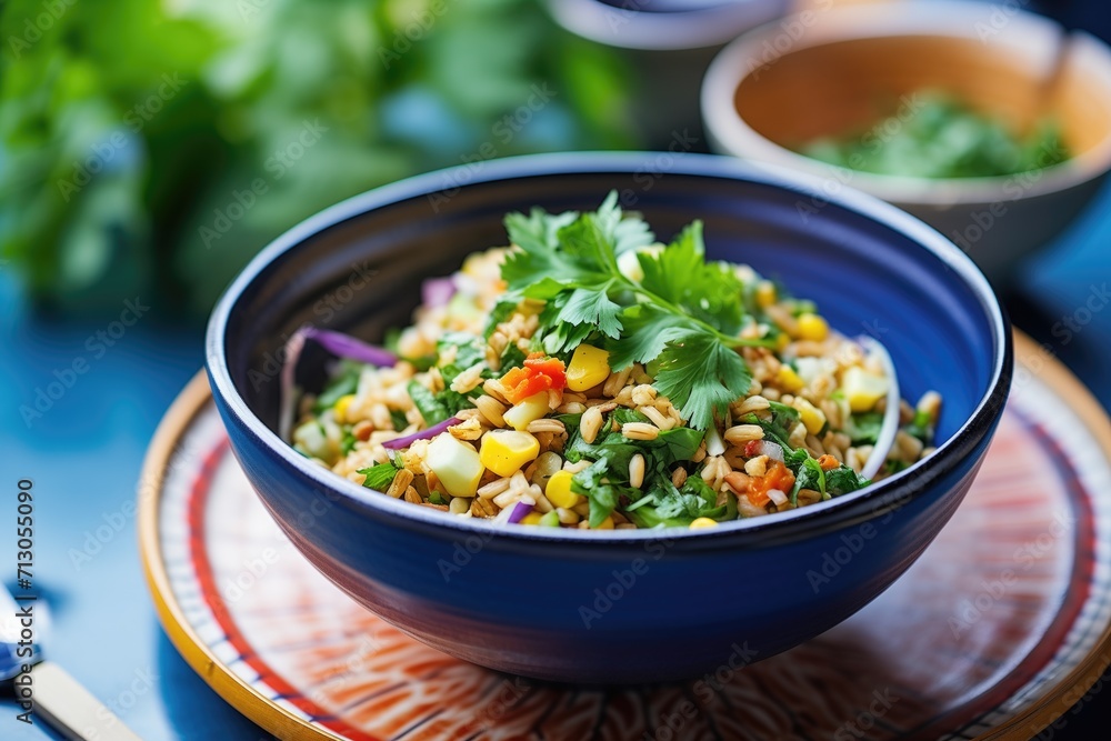 farro salad with corn kernels and cilantro in a blue bowl farro salad with corn kernels and cilantro in a blue bowl