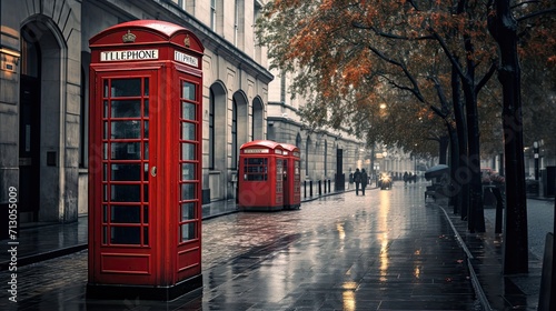 Vintage, red telephone booth, London streets, iconic fixture, British symbol, communication, classic, landmark. Generated by AI.