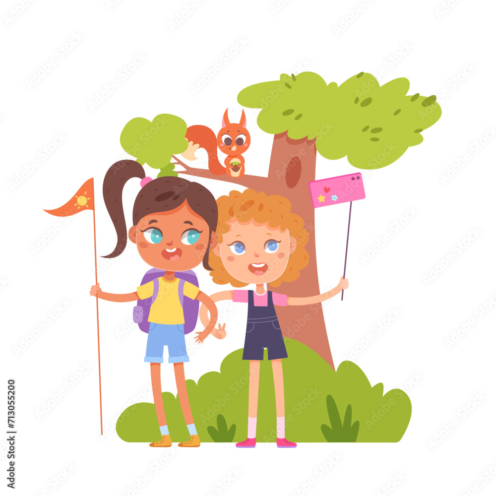 Children with flags on camping trip. Outdoor adventure scene vector illustration. Cute school funny students on summer vacation