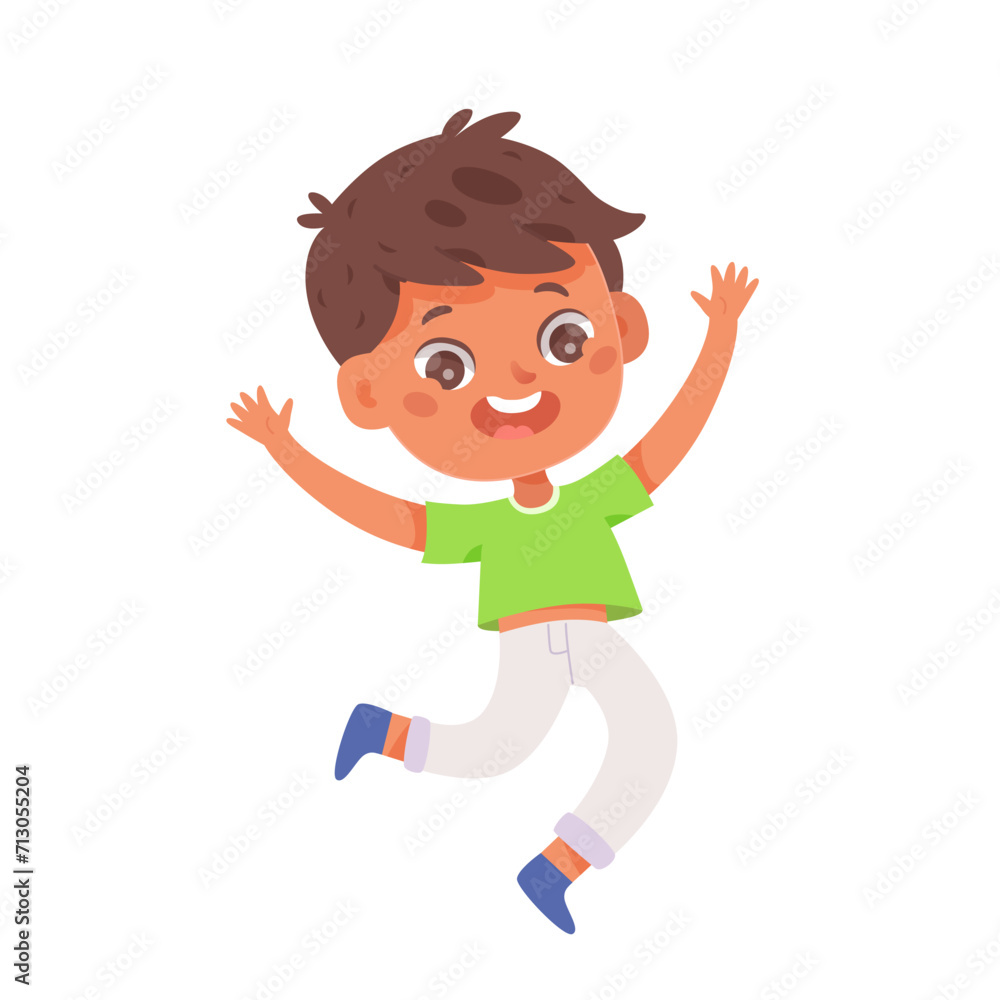 Happy jumping children with raised hands vector illustration. Cute fun active boy play at school or kindergarten. Cartoon adorable carefree male character dance. Happy birthday. Dancing studio