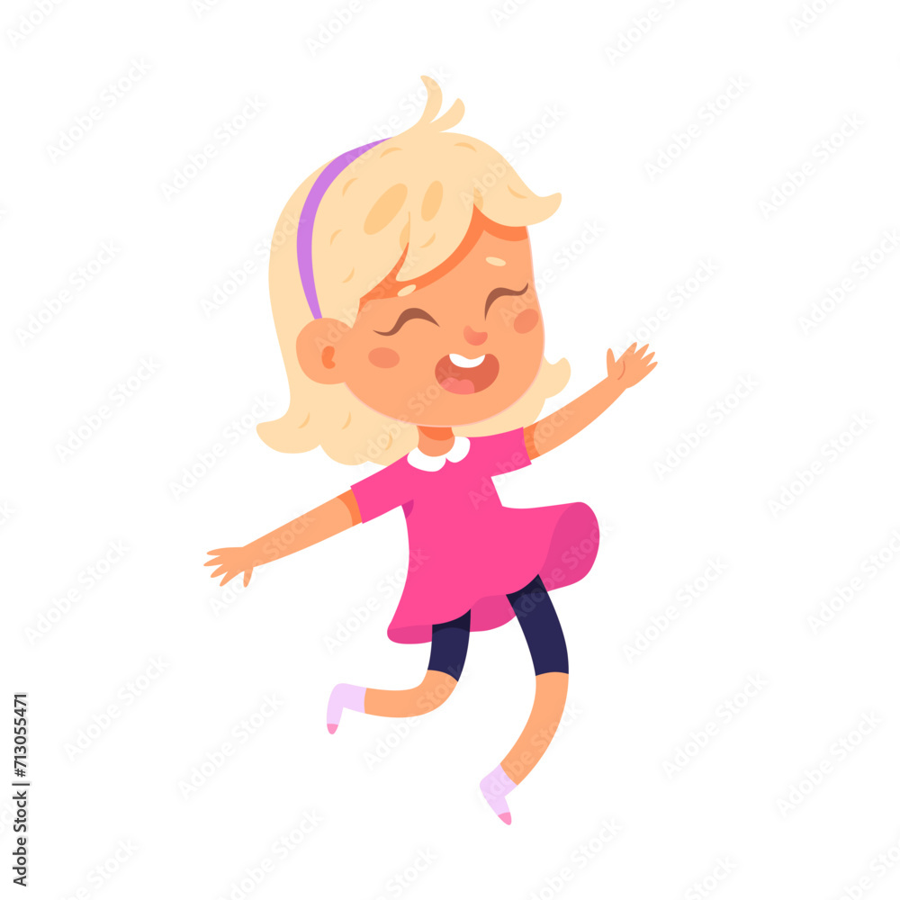 Happy jumping children with raised hands vector illustration. Cute fun active girl play at school or kindergarten. Cartoon adorable carefree female character dance. Happy birthday. Dancing studio Happy jumping children with raised hands vector illustration. Cute fun active girl play at school or kindergarten. Cartoon adorable carefree female character dance. Happy birthday. Dancing studio