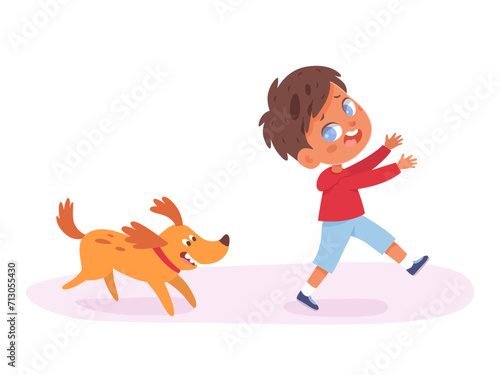 Kids fears vector illustration. Scared boy run away from dog. Children afraid dogs. Young male person with childish phobia. Cynophobia. Kid psychologic support and therapy