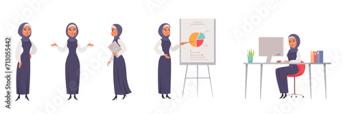 Arab businesswoman vector set. Saudi female characters in office. Muslim manager, employee, analyst, teacher, professor. Stock market analysis, business presentation, conference, negotiations