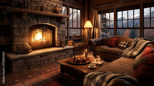 Mountain tranquility, charming cabin, roaring fireplace, sanctuary, warmth, relaxation. Generated by AI.