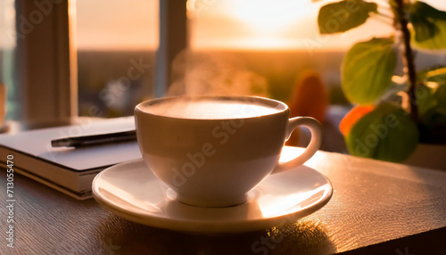 cup of coffee on a table in the orange morning light