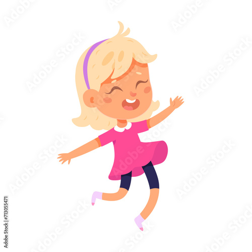Happy jumping children with raised hands vector illustration. Cute fun active girl play at school or kindergarten. Cartoon adorable carefree female character dance. Happy birthday. Dancing studio