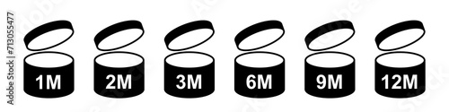 PAO icons set vector illustration. Abstract isolated line symbols collection, period after and open for package of cosmetics, makeup and cream, validity period of life product in months