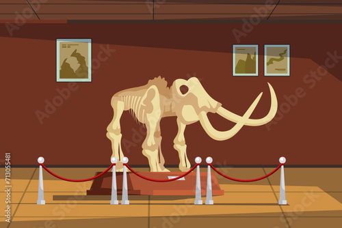 Paleontology museum with dinosaur fossils vector illustration. Cartoon paleontological exhibition with prehistoric mammoth skeleton. Historical artefacts and sculls on pedestals. Science concept