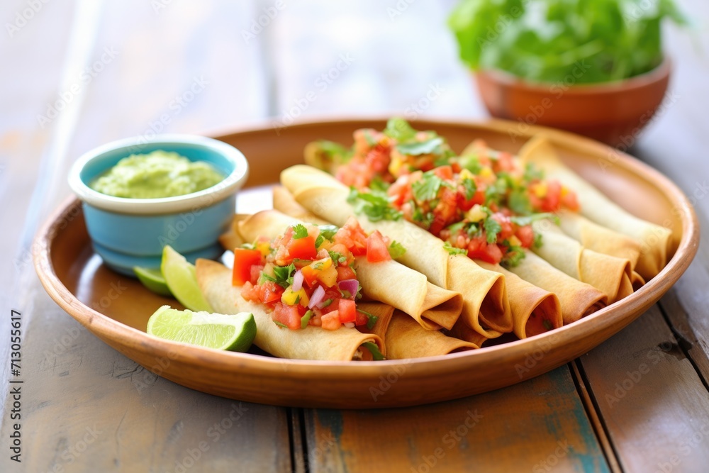 platter of flautas with a side of guacamole and salsa platter of flautas with a side of guacamole and salsa