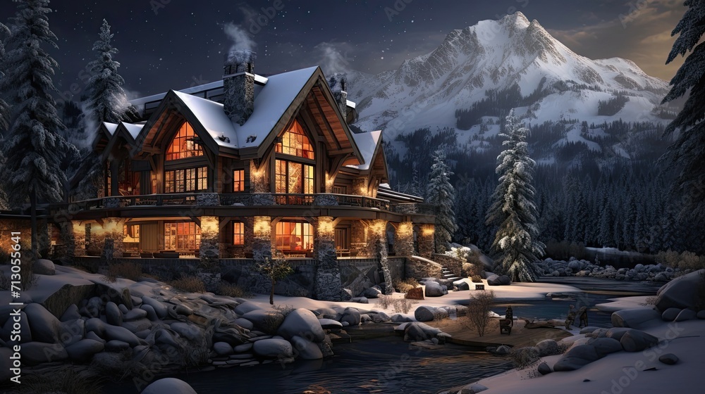 Fototapeta premium Serene mountain cabin, roaring fireplace, haven, warmth, relaxation, breathtaking scenery. Generated by AI.