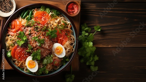 top view a bowl of miso ramen on a wooden table, with copy space