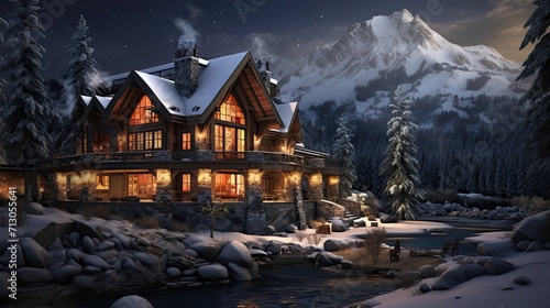 Serene mountain cabin, roaring fireplace, haven, warmth, relaxation, breathtaking scenery. Generated by AI. © Кирилл Макаров