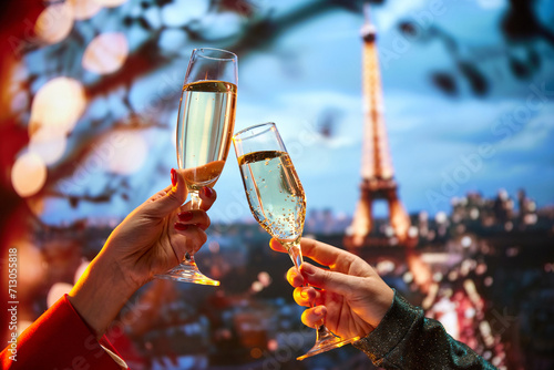 Fine dining restaurant in Paris marketing their terrace view and premium drinks. Female hands in dresses clinking champagne glasses over beautiful Parisian view. Holidays, celebration, events concept © master1305