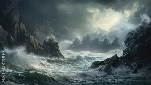 Nature's fury, stormy waves, rugged cliffs, fiercely collide, dramatic spectacle, power, turbulence. Generated by AI.
