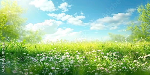 Fototapeta Naklejka Na Ścianę i Meble -  Green spring meadow with nature field grass in summer under sunny sky sun shining on flowers garden landscape fresh day floral daisy and blue outdoor herb light bright chamomile park rural cloud