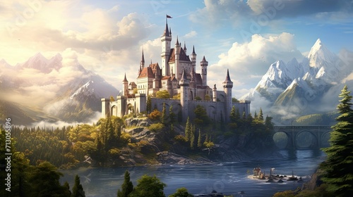Fairytale castle, mystical turrets, secretive drawbridges, intriguing secrets, captivating, enchanting aura. Generated by AI. photo