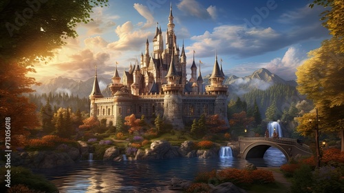 Fairytale castle, whimsical turrets, secretive drawbridges, enchanting secrets, weaving tales, magical wonder. Generated by AI. photo