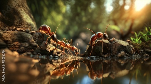 Microcosmic wonders: Closeup of industrious ants exploring a forest branch