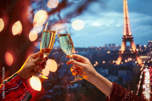 Luxurious celebration in France. Female hands clicking champagne glasses over fascinating view of Parisian landmark. Evening time. Concept of holidays, celebration, events, travelling