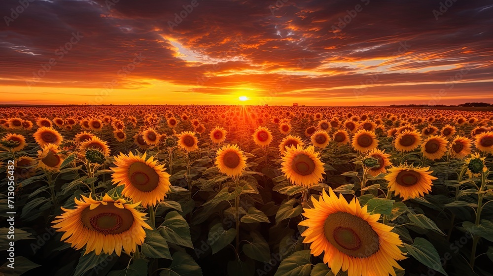 Picturesque scene, sunflowers, full bloom, golden heads, facing the sun, resplendent charm, vitality. Generated by AI.