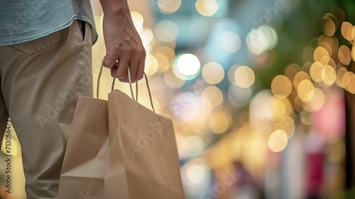 Closeup of a man walking with shopping bags in a city mall, blurred background and copy space.
