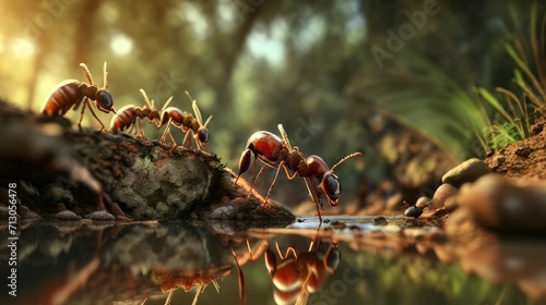Microcosmic wonders: Closeup of industrious ants exploring a forest branch
