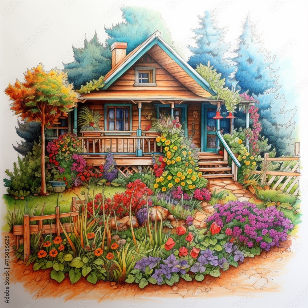 Pencil sketch nice colorful garden house image Generative AI