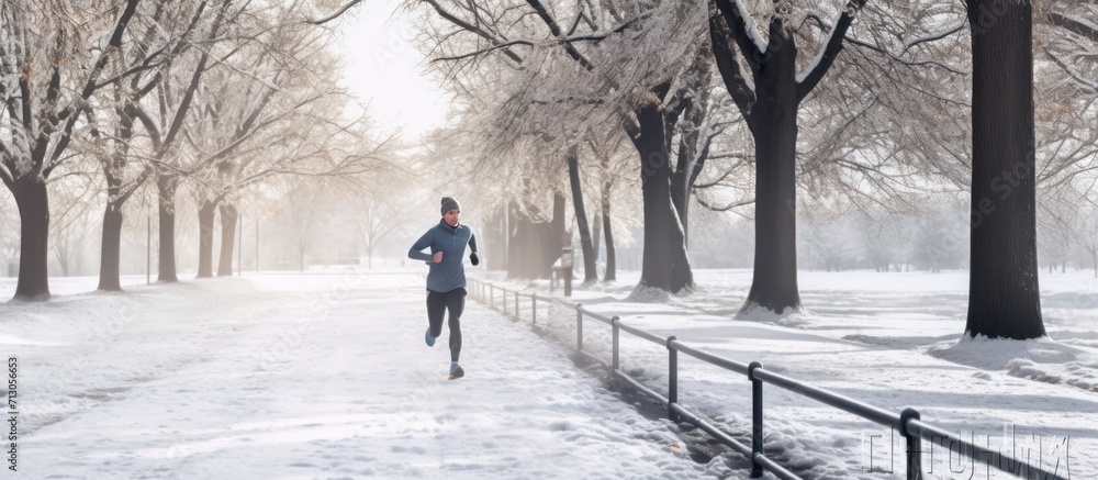 Healthy person running in public park in winter comeliness practicing fitness and strength. Healthy person running in public park in winter comeliness practicing fitness and strength.