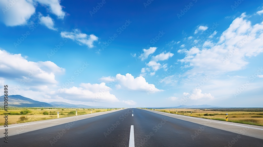 Fototapeta premium asphalt road with white lines, sunny view, blue sky with clouds above,