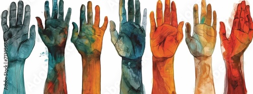 Decorative horizontal band or banner with human hands raised up symbol for determination, willpower, mutual aid  and community solidarity, stronger together, art painting isolated on white background