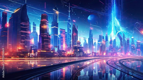 Modern  dynamic  glowing city lights  technologically advanced  urban skyline  nocturnal  futuristic design. Generated by AI.