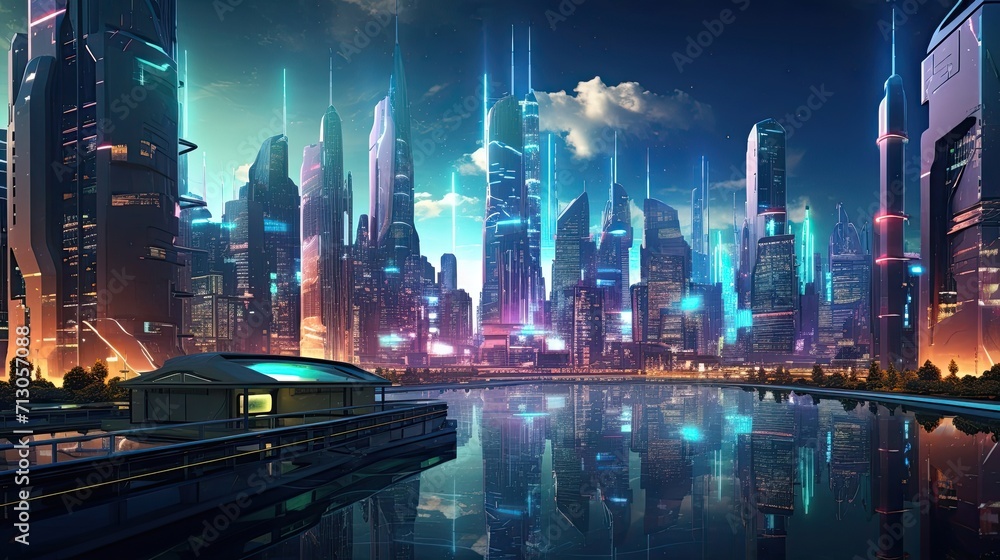 Futuristic, vibrant, neon-lit, urban landscape, cyberpunk aesthetics, technological, dystopian ambiance. Generated by AI.