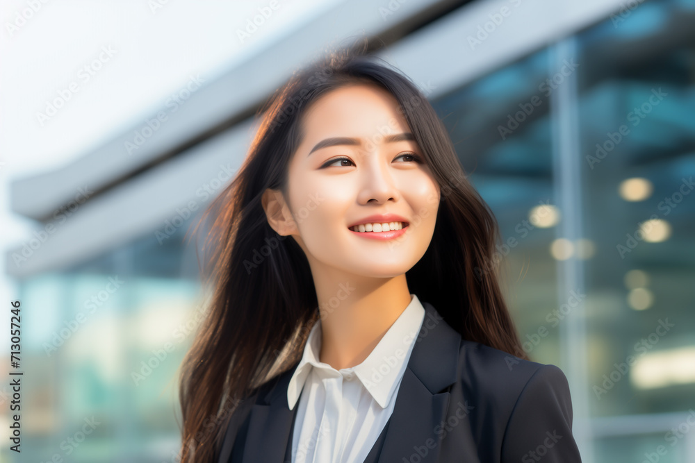 Young asian businesswoman in front of business buildings. Portrait of a confident entrepreneur 20s woman. Young asian businesswoman in front of business buildings. Portrait of a confident entrepreneur 20s woman.