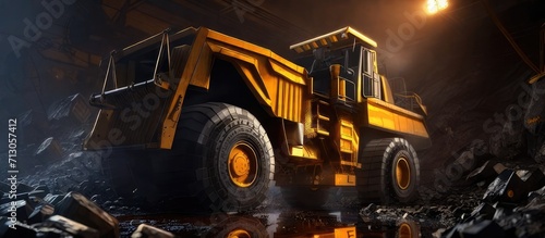 Nightshift in the coal mine: Illuminated dump truck at work under the starlit sky photo
