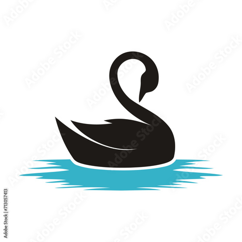 Fototapeta Naklejka Na Ścianę i Meble -  Black silhouette swan largest flying bird swim on water cartoon animal design flat vector illustration isolated on white background