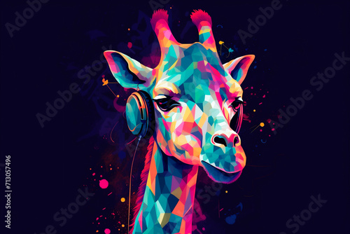 Generative Ai illustration of a portrait of a party giraffe with headphones on a colorful abstract background
