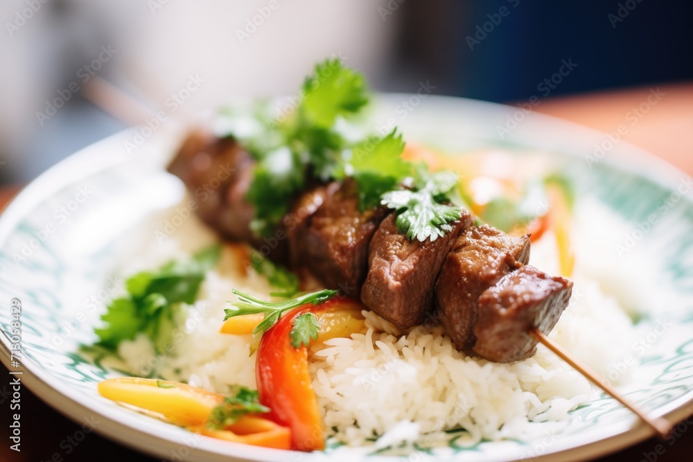 close-up of beef kebab plated with rice and parsley close-up of beef kebab plated with rice and parsley