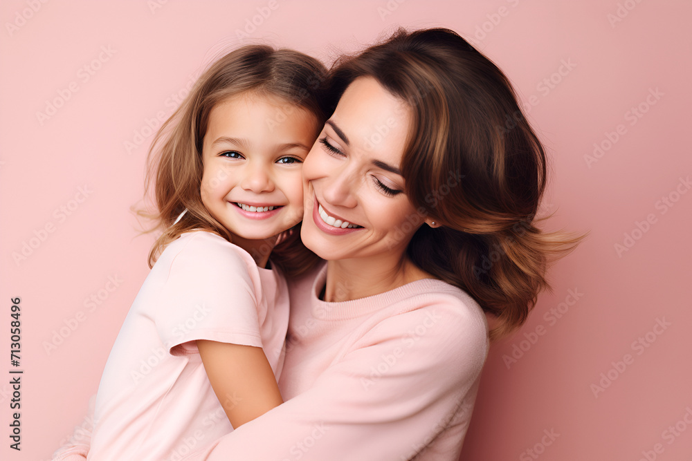 Happy mother hugging her daughter, close-up, pink background Happy mother hugging her daughter, close-up, pink background