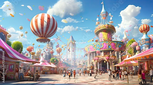 Lively fairground with vibrant rides and cotton candy vendors. Colorful spectacle, sugary confections, joyful revelry, bustling fair, vibrant entertainment. Generated by AI. photo