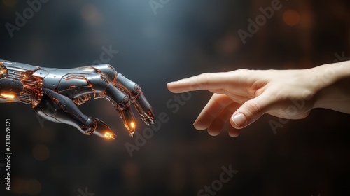 Robot hand touching human hand with finger, in connectivity and cooperation with Artificial intelligence concept