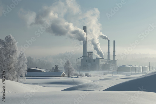 The architectural details of a snow-capped heating plant emerging from the wintry scenery, portraying the resilience of man-made structures in the face of nature's elements