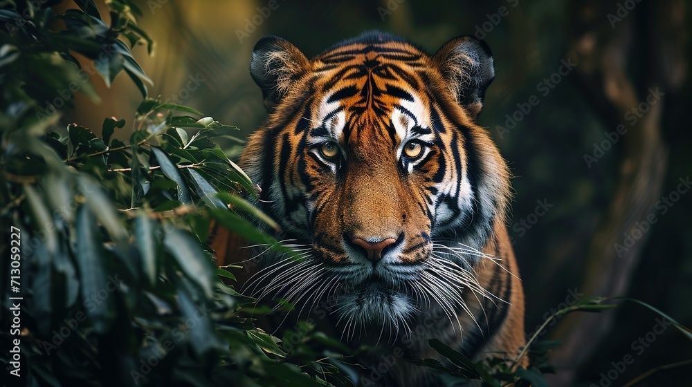 Fototapeta premium wall poster of tiger in jungle with close-up intensity style, saturated color scheme