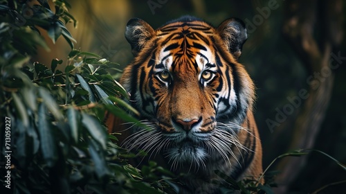 wall poster of tiger in jungle with close-up intensity style, saturated color scheme