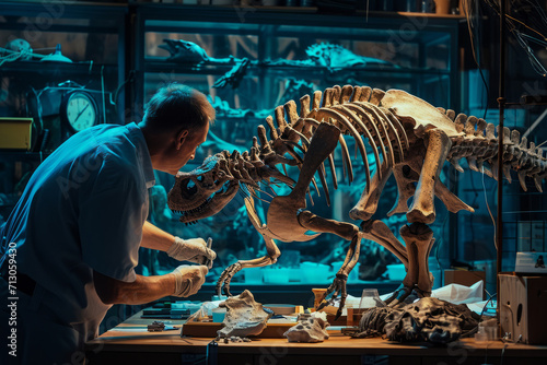 Scientists reconstructing a dinosaur skeleton in a laboratory, surrounded by modern technology, illustrating ancient history with scientific investigation. © mihrzn