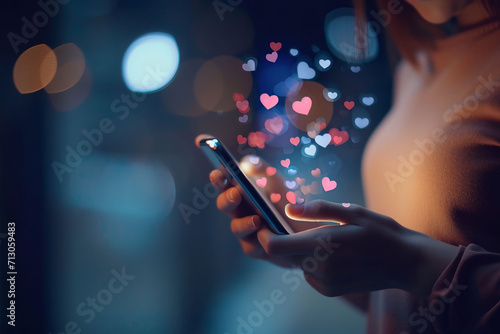 An image featuring a pair of hands holding a modern smartphone with heart emojis floating against a softly blurred background.