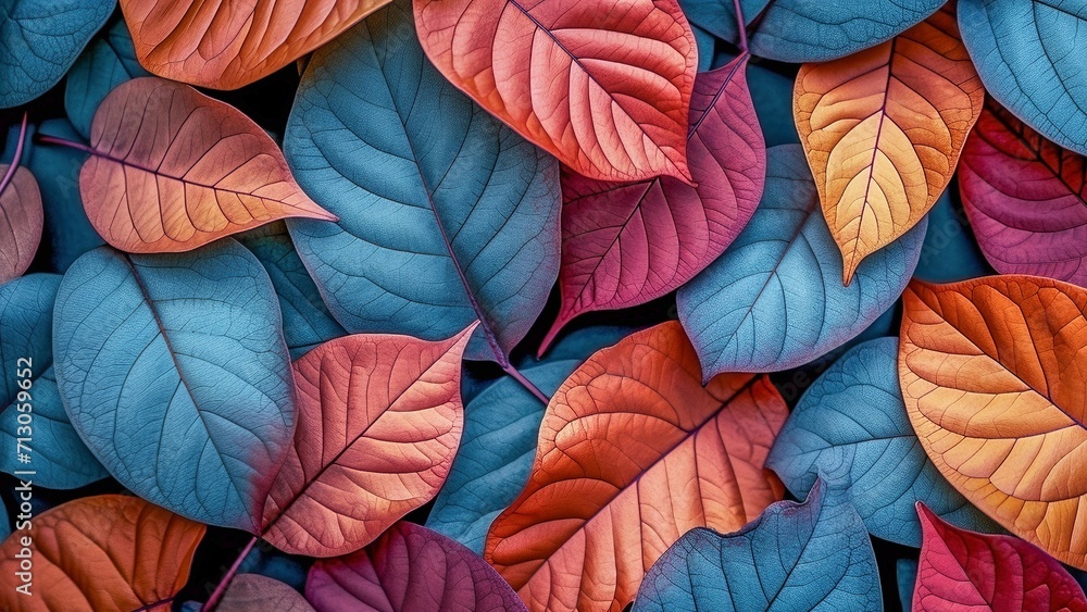 Flat lay pattern of colorful leaves in red, yellow blue and orange Flat lay pattern of colorful leaves in red, yellow blue and orange