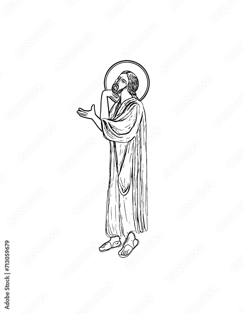 Coloring page with Jesus Christ in Byzantine style on white background