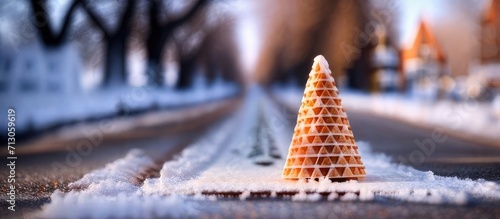 Snowy celebration: Festive Christmas tree crafted from snow on a winter road